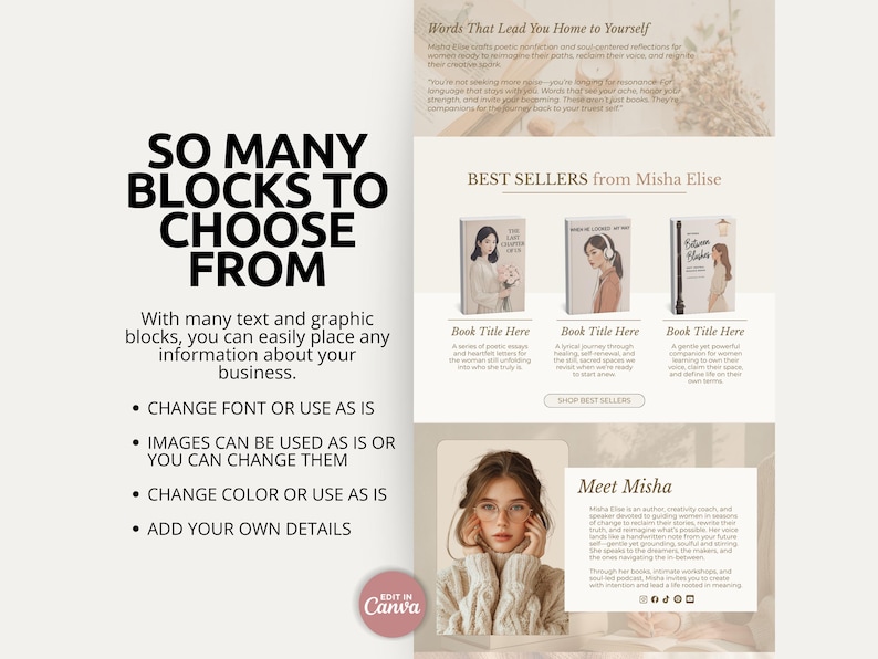 This Canva author website template features a warm, neutral color scheme of soft beige, taupe, and cream tones paired with elegant serif typography and cozy lifestyle photography. Designed for romance and fiction authors, it includes a hero banner, an author intro section, a best sellers showcase, and a featured read section with a device mockup. Reader testimonials and a coming soon teaser build anticipation for your next release. Everything is editable in Canva, no coding required.