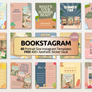 Op de afbeelding: Een verzameling kleurrijke Instagram-sjablonen met een zomerthema. De sjablonen bevatten boekomslagen, beoordelingssystemen en tekst zoals "Bookstagram" en "Summer TBR". De afbeelding bevat de tekst "60 Portrait Size Instagram Templates" en "FREE 400+ Aesthetic Sticker Vault".