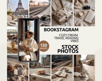 May include: A collage of images with a cozy, cream-colored aesthetic. The images include a person reading, books, coffee, a camera, and travel scenes. Text on the image reads "BOOKSTAGRAM COZY CREAM TRAVEL READING VIBES STOCK PHOTOS."