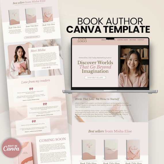 Book Author Website Canva Template, One Page Website for Authors Book Launch Template Author Branding Writer Website Design Writer Portfolio