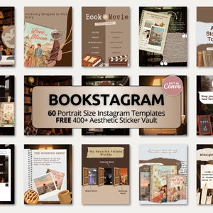 A cozy brown Bookstagram and BookTok Canva template bundle featuring vintage library-inspired carousel posts. The design includes warm mocha tones, antique bookshelves, typewriters, coffee cups, reading journals, and scrapbook-style paper textures. Perfect for sharing book reviews, reading updates, favorite quotes, and recommendations. Ideal for readers, book bloggers, authors, and literary content creators seeking a cohesive aesthetic feed.