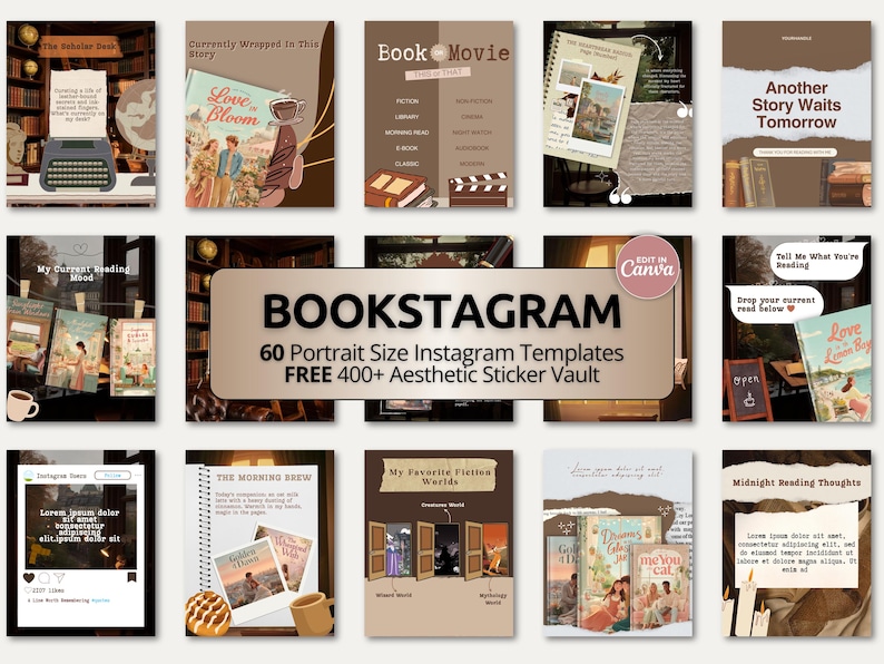 A cozy brown Bookstagram and BookTok Canva template bundle featuring vintage library-inspired carousel posts. The design includes warm mocha tones, antique bookshelves, typewriters, coffee cups, reading journals, and scrapbook-style paper textures. Perfect for sharing book reviews, reading updates, favorite quotes, and recommendations. Ideal for readers, book bloggers, authors, and literary content creators seeking a cohesive aesthetic feed.