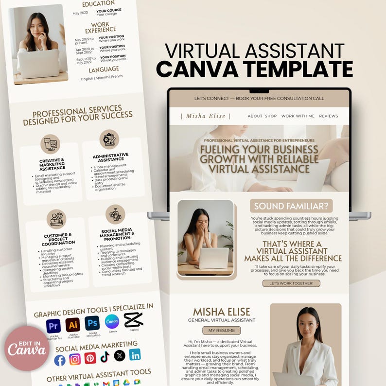 Minimalist beige Canva website template for virtual assistants, perfect for creating a clean and professional online portfolio or landing page.