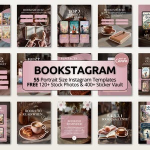 Puede incluir: Un conjunto de plantillas rosas de Instagram para amantes de los libros, con portadas de libros, café y el texto "BOOKSTAGRAM". Las plantillas incluyen indicaciones como "On My TBR List" y "Must-Read Romance Book".