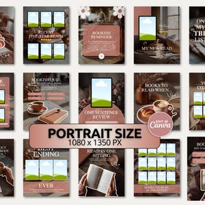 Warm cozy reading feed Canva templates designed for book lovers, indie authors, and small brands. Use them for book review posts, reading trackers, or sunlit flatlay layouts.