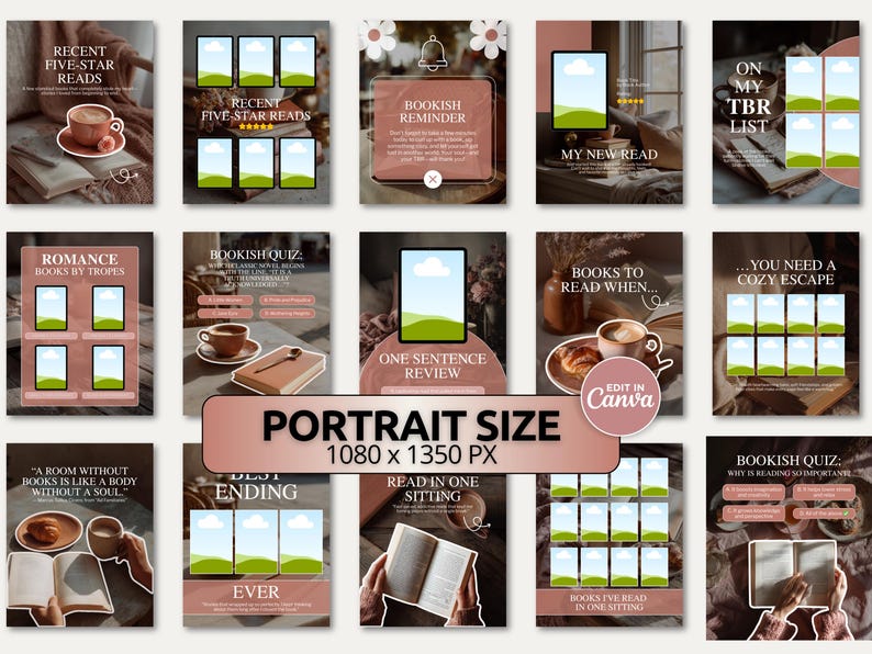 Warm cozy reading feed Canva templates designed for book lovers, indie authors, and small brands. Use them for book review posts, reading trackers, or sunlit flatlay layouts.