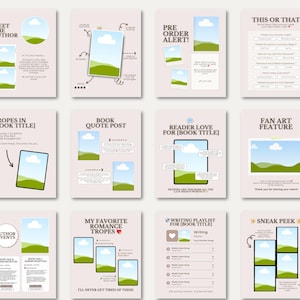 Cozy dusty pink Instagram templates inspired by pastel cafés, soft editorial aesthetics, and romantic book branding. This Canva bundle includes layouts for writing updates, preorder alerts, and reader engagement posts. The blush pink and cream palette creates a warm and inviting visual style. Perfect for romance authors and content creators who love feminine pastel marketing aesthetics.