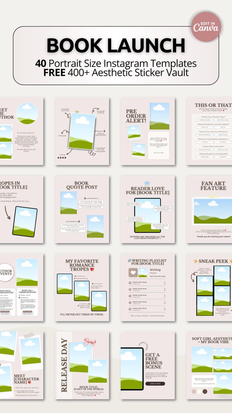 Cozy dusty pink Instagram templates inspired by pastel cafés, soft editorial aesthetics, and romantic book branding. This Canva bundle includes layouts for writing updates, preorder alerts, and reader engagement posts. The blush pink and cream palette creates a warm and inviting visual style. Perfect for romance authors and content creators who love feminine pastel marketing aesthetics.
