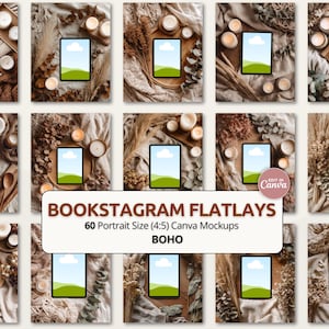 Könnte beinhalten: Zwölf digitale Tablet-Mockups mit Landschaftsbildern auf den Bildschirmen. Die Hintergründe zeigen Kerzen, getrocknete Pflanzen und Textilien. Der Text auf dem Bild lautet "BOOKSTAGRAM FLATLAYS" und bietet 60 Canva-Mockups im Hochformat.