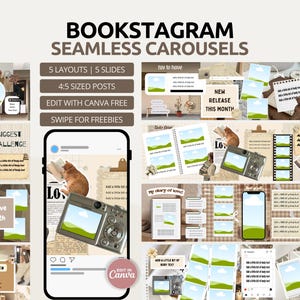 May include: A digital design template for Instagram carousels, featuring a variety of layouts with a book theme. The design includes a phone mockup, camera, and text that reads "BOOKSTAGRAM SEAMLESS CAROUSELS".
