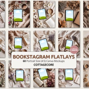 Può includere: Dodici foto stock stilizzate con tablet con sfondo cielo ed erba, libri, fiori e tazze di caffè. Il testo sull'immagine recita "BOOKSTAGRAM FLATLAYS, 60 Portrait Size (4:5) Canva Mockups, COTTAGECORE."
