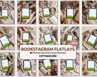Cozy Cottagecore Bookstagram Flatlay | iPad & Tablet Mockup, Ebook, Digital Planner Canva Template, Book Cover Display for Author Marketing