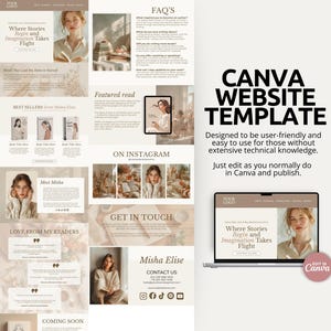 This one-page author website template is designed in Canva for writers who want a professional online presence without hiring a designer. The soft neutral beige and cream palette pairs with elegant serif fonts and italic script accents for a warm, editorial look. Sections include a hero banner with a call-to-action button, a best sellers showcase, a meet-the-author bio, and reader testimonials. Every text box, photo, and color can be edited in Canva, then published as a live site.
