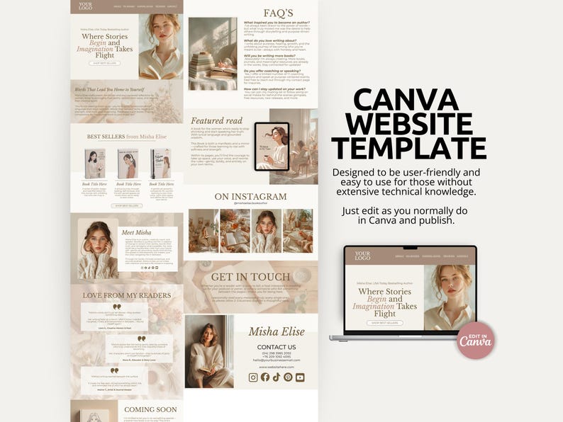 This one-page author website template is designed in Canva for writers who want a professional online presence without hiring a designer. The soft neutral beige and cream palette pairs with elegant serif fonts and italic script accents for a warm, editorial look. Sections include a hero banner with a call-to-action button, a best sellers showcase, a meet-the-author bio, and reader testimonials. Every text box, photo, and color can be edited in Canva, then published as a live site.