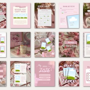 Puede incluir: Una colección de quince plantillas digitales para redes sociales con una paleta de colores rosa suave. Los diseños incluyen varios formatos para contenido literario, como retos de lectura, reseñas de libros, listas y juegos de adivinanzas.