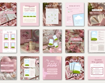 Puede incluir: Una colección de quince plantillas digitales para redes sociales con una paleta de colores rosa suave. Los diseños incluyen varios formatos para contenido literario, como retos de lectura, reseñas de libros, listas y juegos de adivinanzas.