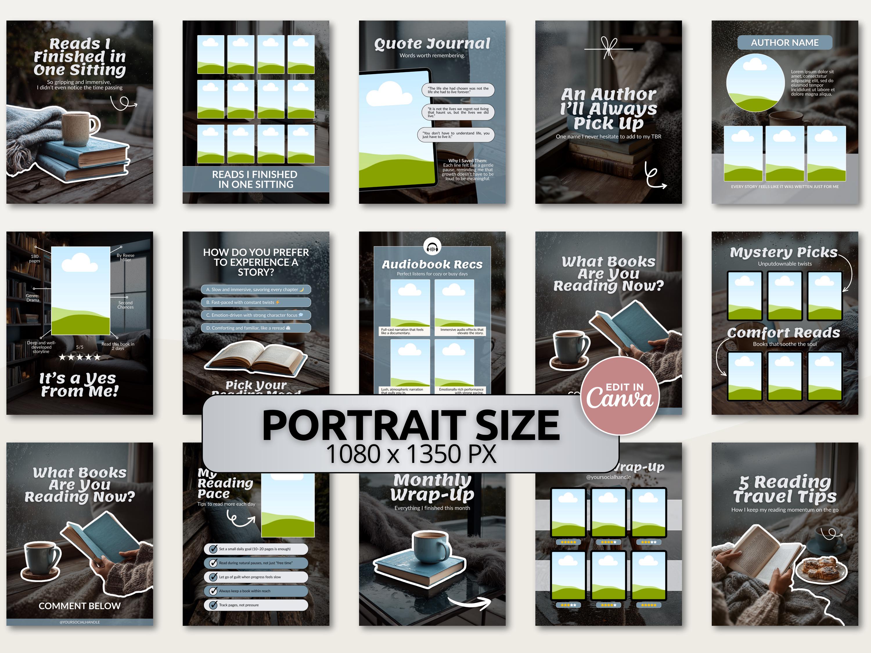 Cozy Blue Gray Bookish Carousel Template | Trendy Canva Posts for ...