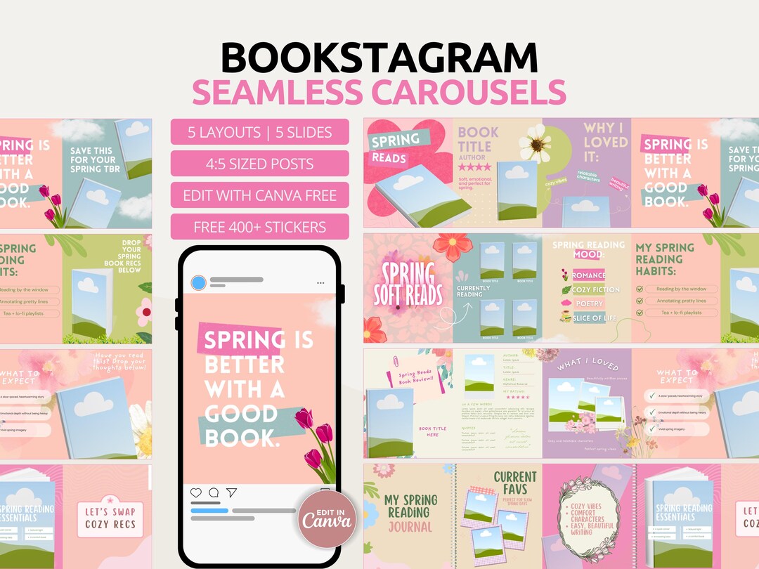 Spring Bookstagram Seamless Instagram Carousel Template | Bookish Canva ...
