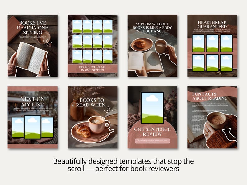 Bookish quote and journal Canva templates in muted terracotta for warm Instagram feeds. Ideal for creating viral, cozy, and aesthetic literary content.