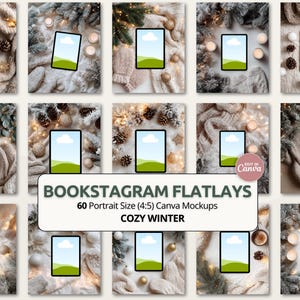 Può includere: Dodici mockup di tablet con sfondo cielo ed erba, disposti su flatlay invernali accoglienti con coperte, pigne, ornamenti e luci fatate. Il testo sull'immagine recita "BOOKSTAGRAM FLATLAYS" e "COZY WINTER".