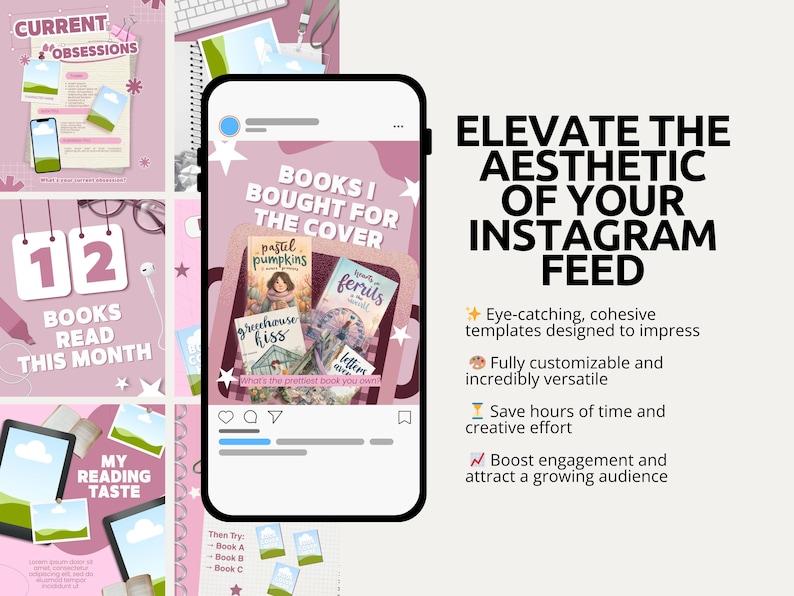 Bold pink bookish social media kit with 60 fully editable Canva carousel templates for reading creators. Includes TBR wheel, audiobook queue, favorite tropes, and book twins engagement templates. Designed with hot pink, bubblegum, and clean white tones for a trendy aesthetic. Great for indie authors, book bloggers, and Bookstagram influencers wanting viral content.