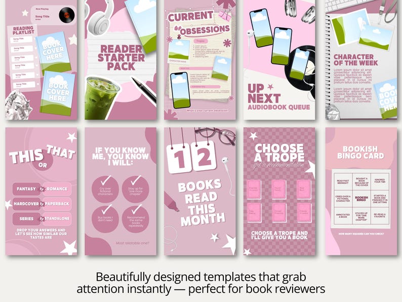 Trendy bookish Instagram story templates in bold pink for Bookstagram and BookTok content creators daily use. Features books that felt like therapy, comfort reads, healing reads, and gentle recommendations story templates. Hot pink and blush color palette keeps your stories fresh, bold, and cohesive for your audience. Drag and drop editing in free Canva makes posting fast and effortless for all reading creators.