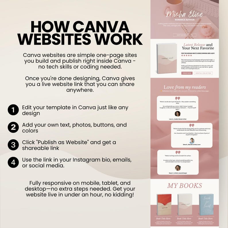 Minimal pink author landing page template for self-published writers