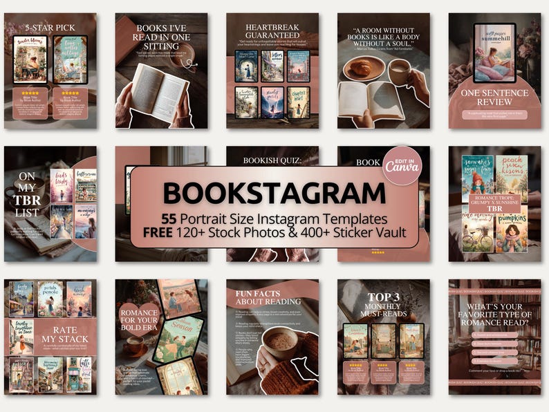 Muted Terracotta Bookstagram Canva templates for authors, bloggers, and cozy reading content creators. Perfect for Instagram carousels, TBR lists, book reviews, and viral bookish posts.