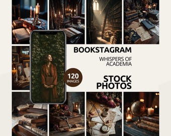 Puede incluir: Un collage de imágenes con estética vintage, con libros, velas y una mujer con un libro. El texto incluye "BOOKSTAGRAM", "WHISPERS OF ACADEMIA" y "STOCK PHOTOS". Un teléfono muestra a una mujer con un abrigo.