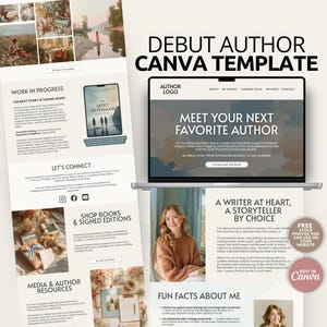 Puede incluir: Una plantilla de Canva para autores debutantes, que presenta un diseño de sitio web en la pantalla de una computadora portátil, una portada de libro en una tableta y un retrato de una mujer. El diseño incluye el texto "Meet Your Next Favorite Author" y "A Writer at Heart, A Storyteller by Choice."