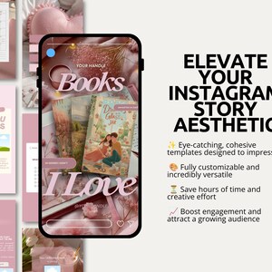 Bookish Instagram story Canva templates designed with soft pink colors, elegant fonts, and romantic reading-inspired visuals. This bundle includes templates for currently reading updates, recent reads, monthly wrap-ups, reading goals, and book recommendations. Created for Bookstagram users, authors, librarians, and book lovers who want professional story designs that save time and enhance content quality.