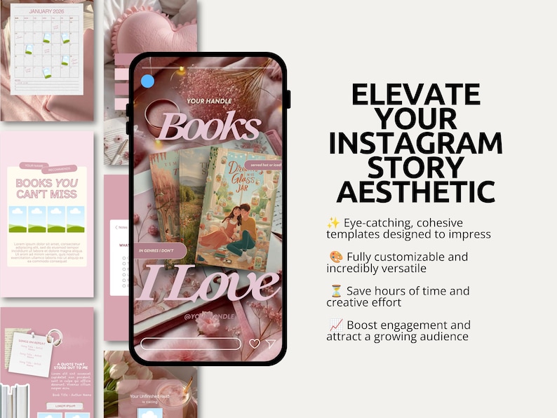 Bookish Instagram story Canva templates designed with soft pink colors, elegant fonts, and romantic reading-inspired visuals. This bundle includes templates for currently reading updates, recent reads, monthly wrap-ups, reading goals, and book recommendations. Created for Bookstagram users, authors, librarians, and book lovers who want professional story designs that save time and enhance content quality.