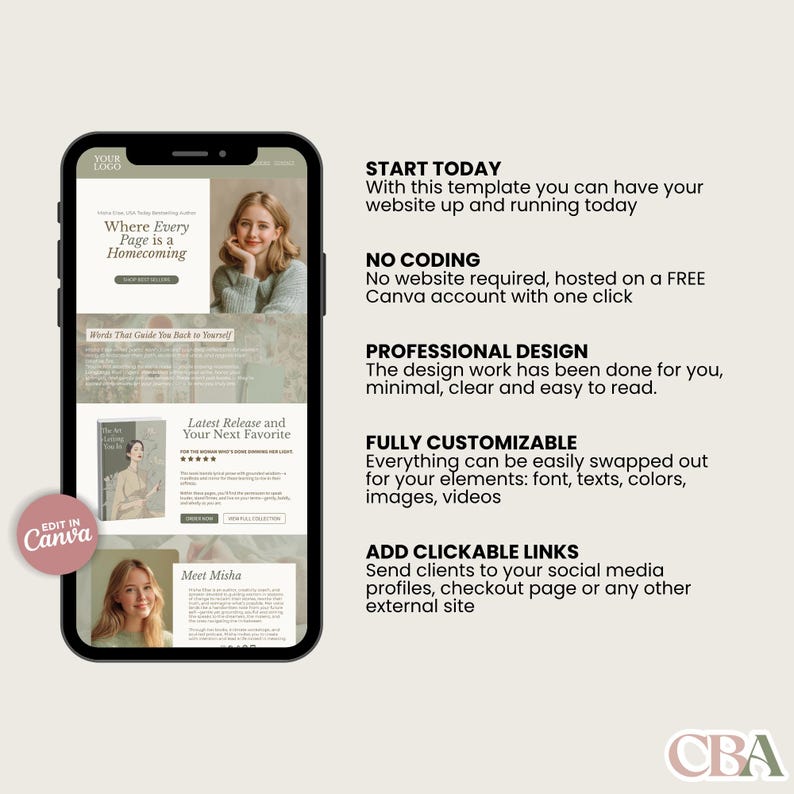 Modern author website mockup in earthy sage green tones, ideal for book launch, email list growth, and digital portfolio.