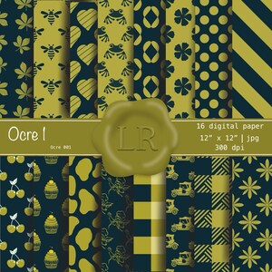 May include: Sixteen digital papers featuring diverse patterns in navy and ochre. Designs include bees, hearts, frogs, flowers, cherries, cupcakes, and vintage cars. Each paper is 30.48 cm x 30.48 cm and 300 dpi. The text "Ocre 1" is visible.