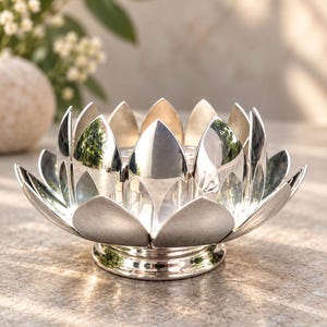 May include: A silver-coloured metal bowl shaped like a blooming lotus flower. The bowl features multiple layers of pointed, petal-like segments that curve outward from a central base. The surface has a polished, reflective finish throughout.