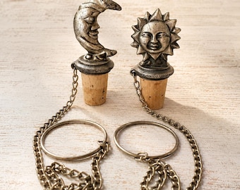 Vintage Sun Moon Bottle Stoppers, Heavy Metal Celestial Wine Corks, Boho Barware Set