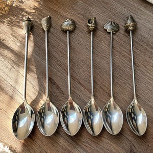 May include: A set of six silver-toned metal spoons with long, slender handles. Each spoon features a unique, detailed miniature seashell finial at the top of the handle, including conch, scallop, and spiral shell designs with a metallic finish.