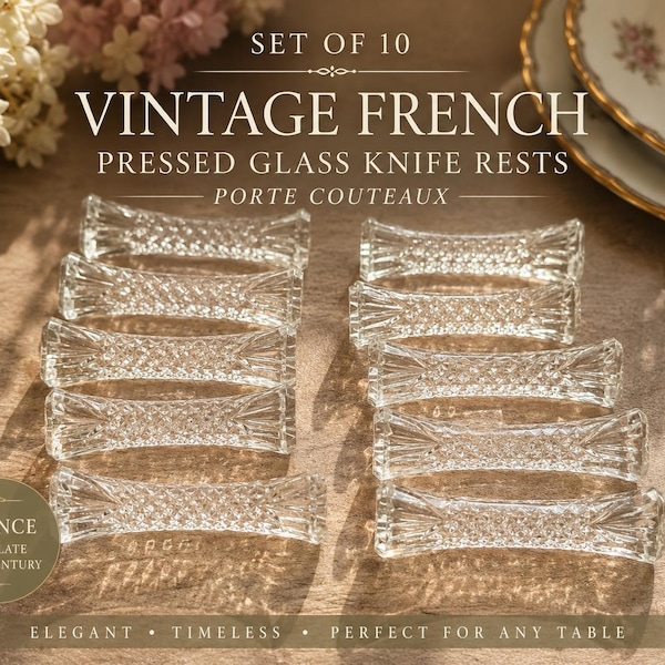 Set of 10 Vintage French Pressed Glass Knife Rests, Porte Couteaux, France