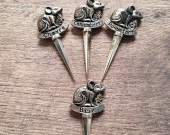 Vintage Franse verzilverde muis kaasstiften set, Brie Roquefort Chèvre