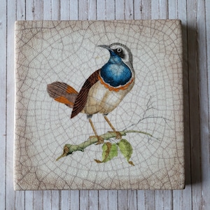 Może przedstawiać: Kwadratowa płytka ceramiczna z szczegółową ilustracją słowika szarego siedzącego na gałęzi z liśćmi. Ptak ma niebieskie, brązowe i pomarańczowe upierzenie. Płytka ma efekt spękanego szkliwa i neutralną paletę kolorów.