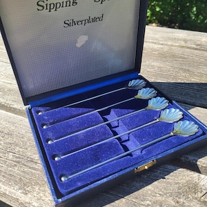 Vintage verzilverde set nippenlepels, vintage roerstaafjes uit het midden van de eeuw (set van 5)
