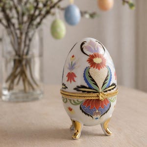 Caja de baratijas de porcelana vintage con forma de huevo, caja decorativa floral para guardar recuerdos, regalo de Pascua, decoración primaveral para el hogar.