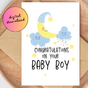 Adorable carte baby shower - Carte imprimable pour bébé garçon | Célébrez l'arrivée d'un tout-petit | Cadeau unique pour nouveau-né | PDF numérique imprimable