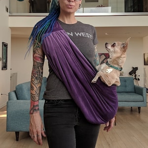 Adjustable dog sling purple velvet carry your small dog image 1