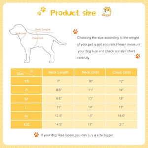 May include: A size chart for dog clothes with measurements in inches for neck girth, chest girth, and back length. The chart includes sizes XS, S, M, L, XL, and XXL.