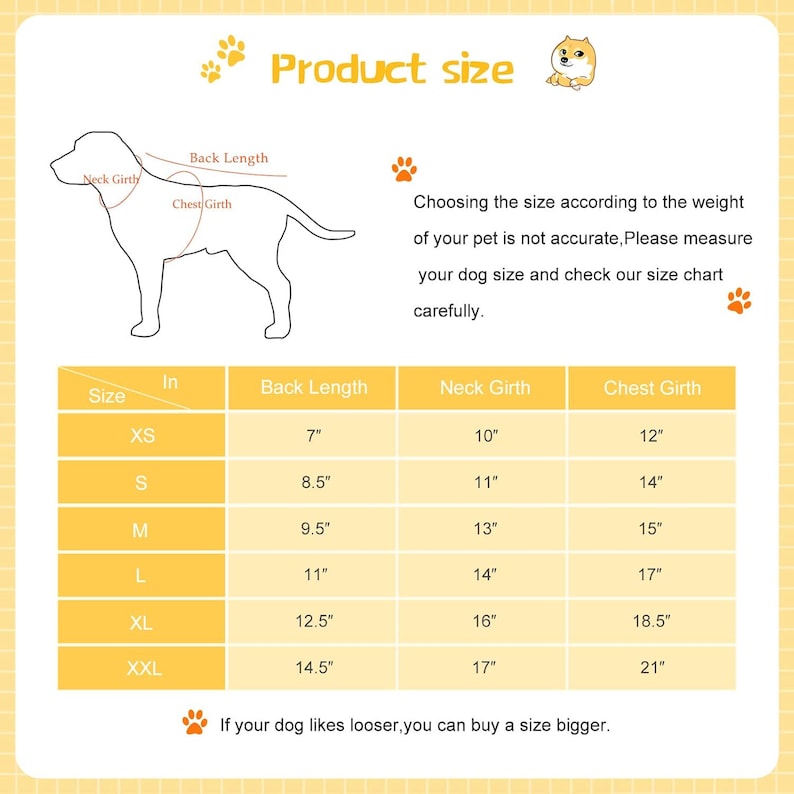 May include: A size chart for dog clothes with measurements in inches for neck girth, chest girth, and back length. The chart includes sizes XS, S, M, L, XL, and XXL.