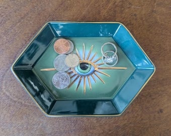 Green and gold enamel, ceramic trinket dish, evil eye & protection