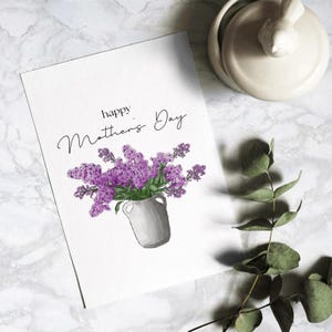 Tarjeta del Día de la Madre dibujada a mano, imprimible, descarga digital, tarjeta de felicitación floral morada, lila, A6, 5x7 PDF, PNG, inglés y holandés
