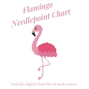 May include: A pink and white needlepoint chart featuring a flamingo design. The flamingo is depicted in a pixelated style, with a pink body, legs, and head, and a black beak. The text "Flamingo Needlepoint Chart" is written in a cursive font.