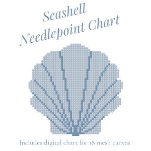 Op de afbeelding: Een digitale naaldkunstkaart met een lichtblauw zeeschelpontwerp. De tekst "Seashell Needlepoint Chart" staat boven de zeeschelp afbeelding. De tekst "Includes digital chart for 18 mesh canvas" staat eronder.